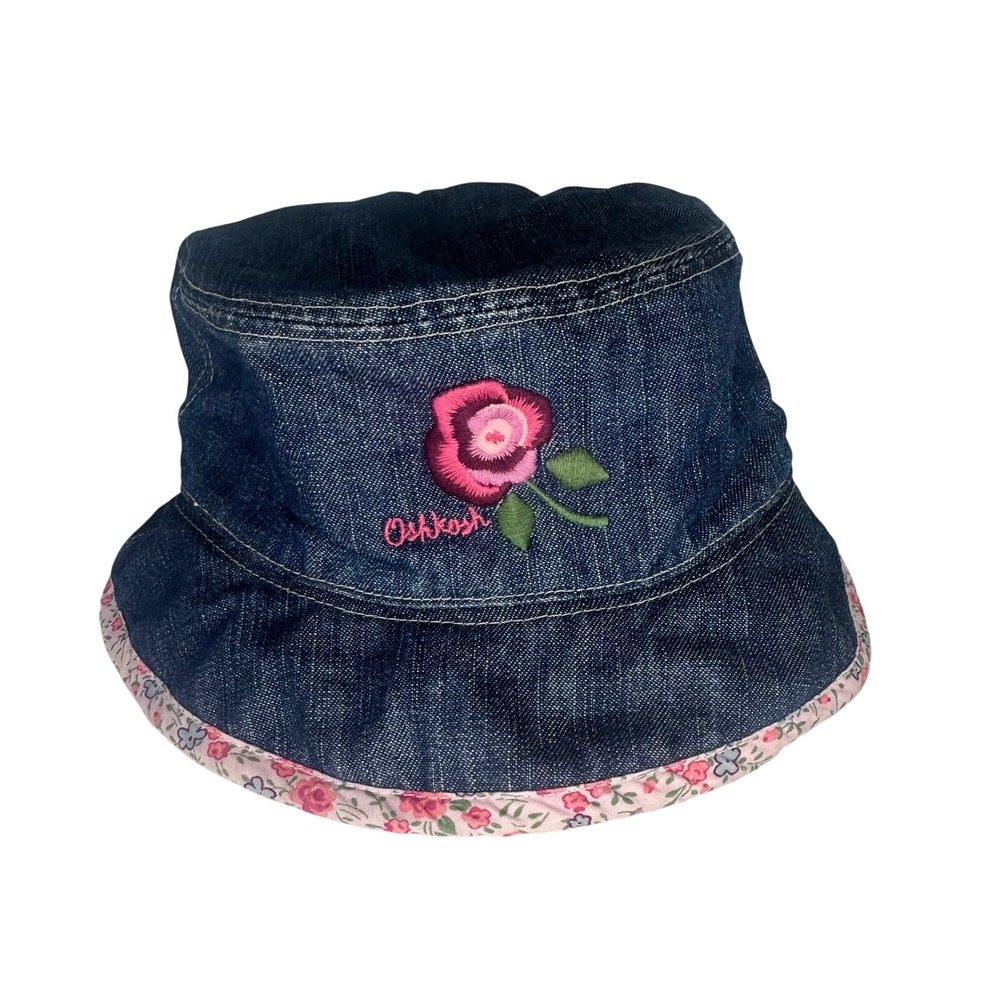 OshKosh Bgosh Kids Denim Bucket Hat Blue Floral Rose Embroidered 36M-48M 6560343